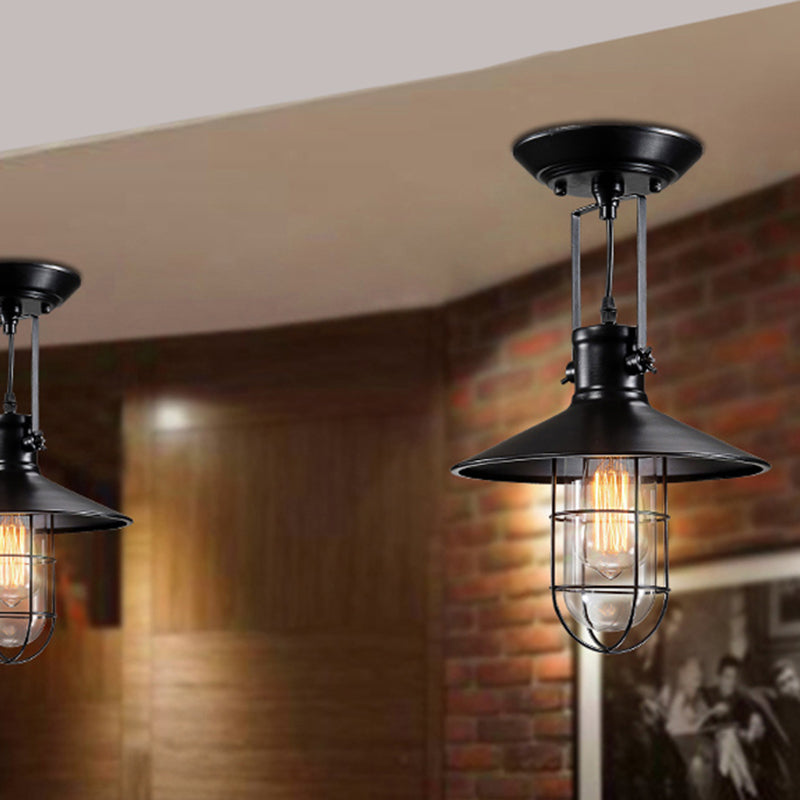 Nautical Cone Semi Flush Mount Lighting 1 Head Metal Ceiling Mounted Light with Cage Shade in Black Clearhalo 'Ceiling Lights' 'Close To Ceiling Lights' 'Close to ceiling' 'Semi-flushmount' Lighting' 253785