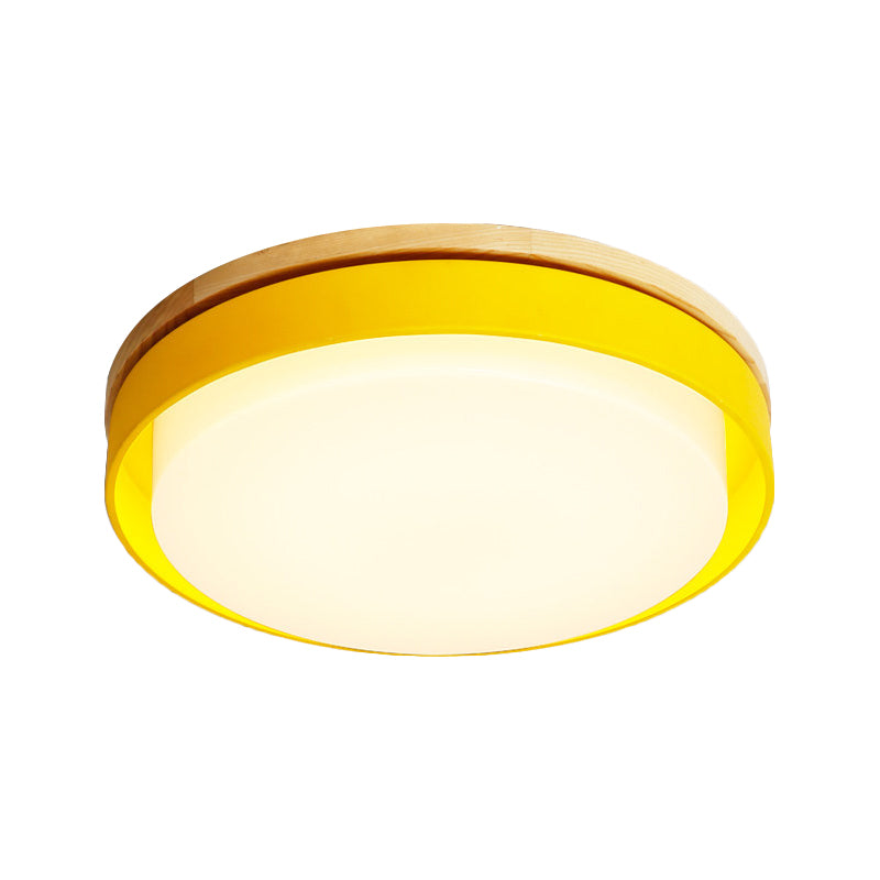 Blue/White/Yellow Round Flush Lighting Nordic Macaron Metal Led Ceiling Flushmount with Acrylic Shade, 12"/18.5" W Yellow Warm Clearhalo 'Ceiling Lights' 'Close To Ceiling Lights' 'Close to ceiling' 'Flush mount' Lighting' 253798