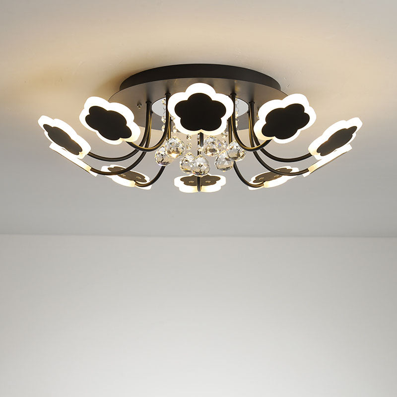 Petal-Shape Semi Mount Light Modern Acrylic 23"/27" W LED Black/White Ceiling Lamp with Clear Crystal Draping, Warm/White Light Black 27" Warm Clearhalo 'Ceiling Lights' 'Close To Ceiling Lights' 'Close to ceiling' 'Semi-flushmount' Lighting' 253860