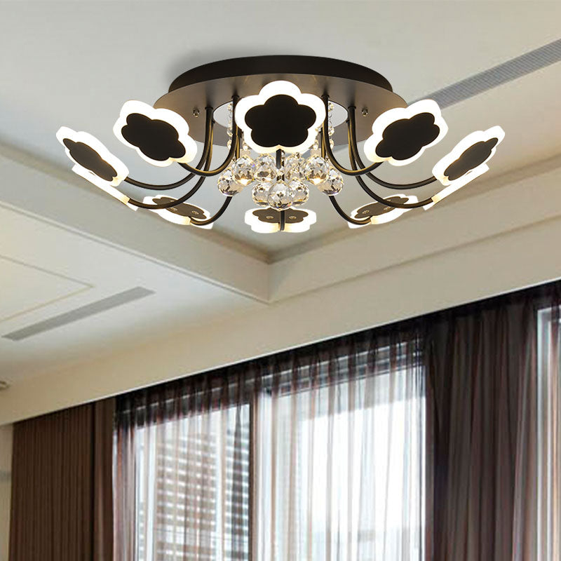 Petal-Shape Semi Mount Light Modern Acrylic 23"/27" W LED Black/White Ceiling Lamp with Clear Crystal Draping, Warm/White Light Black 27" White Clearhalo 'Ceiling Lights' 'Close To Ceiling Lights' 'Close to ceiling' 'Semi-flushmount' Lighting' 253861