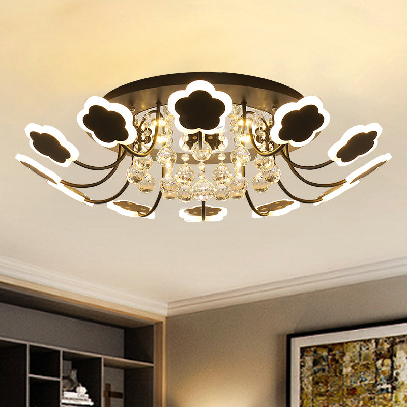 Petal-Shape Semi Mount Light Modern Acrylic 23"/27" W LED Black/White Ceiling Lamp with Clear Crystal Draping, Warm/White Light Clearhalo 'Ceiling Lights' 'Close To Ceiling Lights' 'Close to ceiling' 'Semi-flushmount' Lighting' 253865