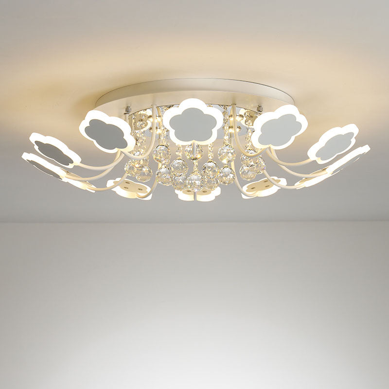 Petal-Shape Semi Mount Light Modern Acrylic 23"/27" W LED Black/White Ceiling Lamp with Clear Crystal Draping, Warm/White Light White 31.5" Clearhalo 'Ceiling Lights' 'Close To Ceiling Lights' 'Close to ceiling' 'Semi-flushmount' Lighting' 253875