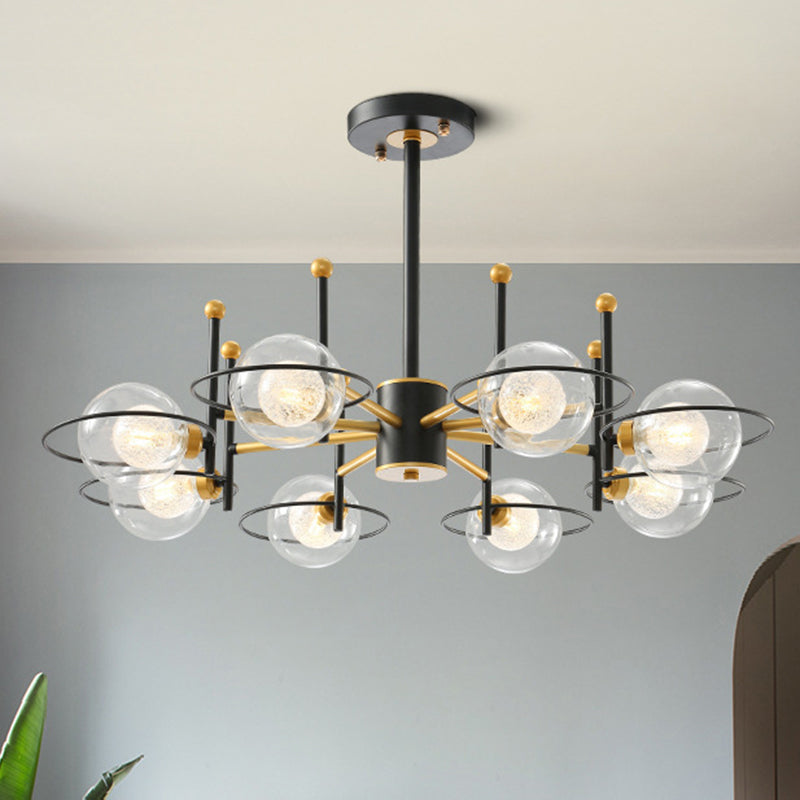 Contemporary Sphere Shade Chandelier with Ring Clear Glass Metal Suspension Light for Dining Room 8 Black Clearhalo 'Ceiling Lights' 'Chandeliers' 'Modern Chandeliers' 'Modern' Lighting' 253978