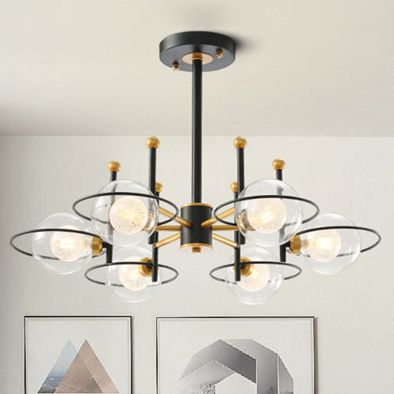 Contemporary Sphere Shade Chandelier with Ring Clear Glass Metal Suspension Light for Dining Room 6 Black Clearhalo 'Ceiling Lights' 'Chandeliers' 'Modern Chandeliers' 'Modern' Lighting' 253980