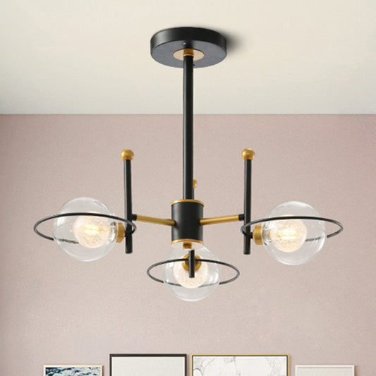 Contemporary Sphere Shade Chandelier with Ring Clear Glass Metal Suspension Light for Dining Room 3 Black Clearhalo 'Ceiling Lights' 'Chandeliers' 'Modern Chandeliers' 'Modern' Lighting' 253981