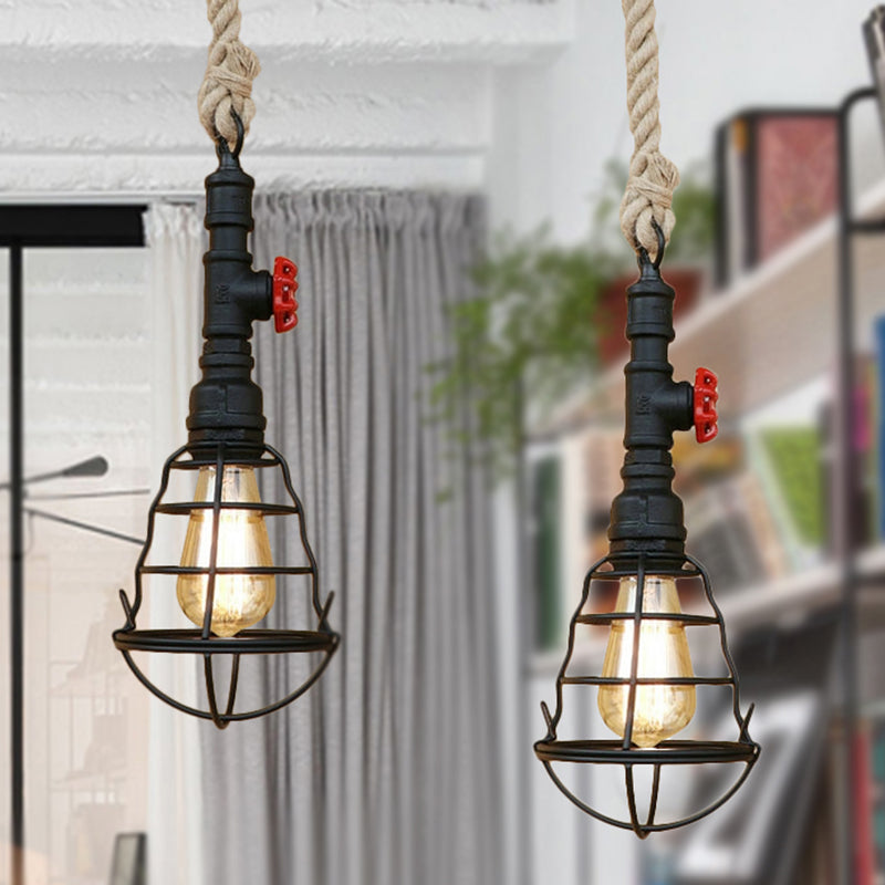 Vintage Caged Pendant Light 1 Light Metal Hanging Light with Pipe and Rope Cord in Black Finish for Bar Clearhalo 'Art Deco Pendants' 'Black' 'Cast Iron' 'Ceiling Lights' 'Ceramic' 'Crystal' 'Industrial Pendants' 'Industrial' 'Metal' 'Middle Century Pendants' 'Pendant Lights' 'Pendants' 'Rustic Pendants' 'Tiffany' Lighting' 254012