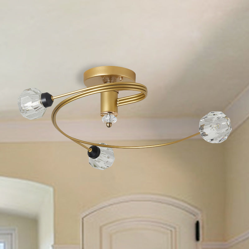 Spiral Semi Flush Traditional Clear/White Glass/Crystal 3/5 Lights Bedroom Ceiling Light Fixture in Brass Brass B Clearhalo 'Ceiling Lights' 'Close To Ceiling Lights' 'Close to ceiling' 'Semi-flushmount' Lighting' 254016