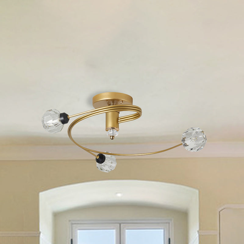 Spiral Semi Flush Traditional Clear/White Glass/Crystal 3/5 Lights Bedroom Ceiling Light Fixture in Brass Clearhalo 'Ceiling Lights' 'Close To Ceiling Lights' 'Close to ceiling' 'Semi-flushmount' Lighting' 254017