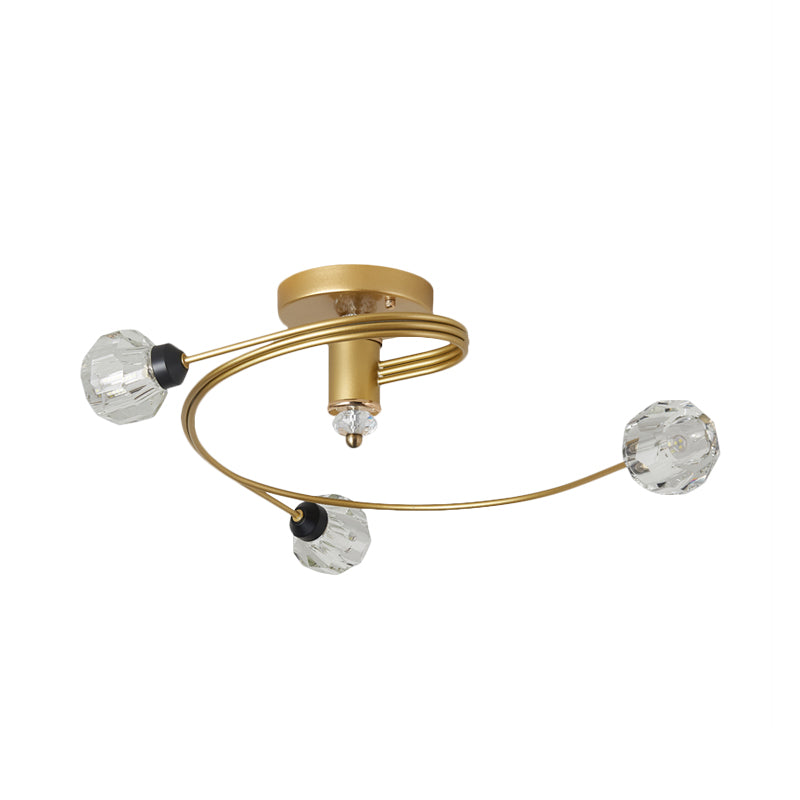 Spiral Semi Flush Traditional Clear/White Glass/Crystal 3/5 Lights Bedroom Ceiling Light Fixture in Brass Clearhalo 'Ceiling Lights' 'Close To Ceiling Lights' 'Close to ceiling' 'Semi-flushmount' Lighting' 254018