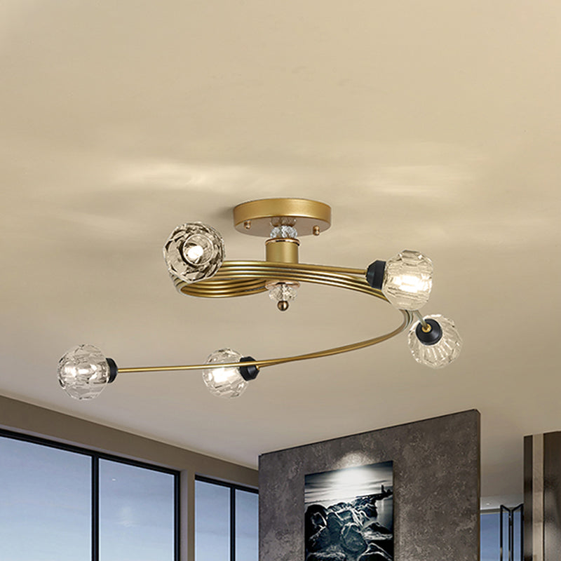 Spiral Semi Flush Traditional Clear/White Glass/Crystal 3/5 Lights Bedroom Ceiling Light Fixture in Brass Brass A Clearhalo 'Ceiling Lights' 'Close To Ceiling Lights' 'Close to ceiling' 'Semi-flushmount' Lighting' 254019