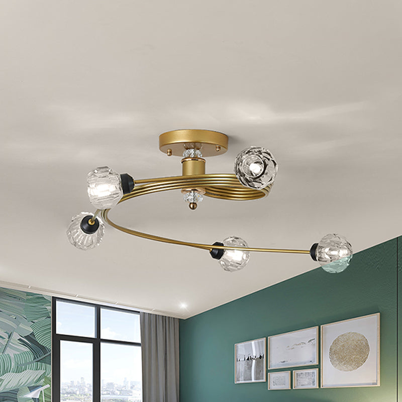 Spiral Semi Flush Traditional Clear/White Glass/Crystal 3/5 Lights Bedroom Ceiling Light Fixture in Brass Clearhalo 'Ceiling Lights' 'Close To Ceiling Lights' 'Close to ceiling' 'Semi-flushmount' Lighting' 254020