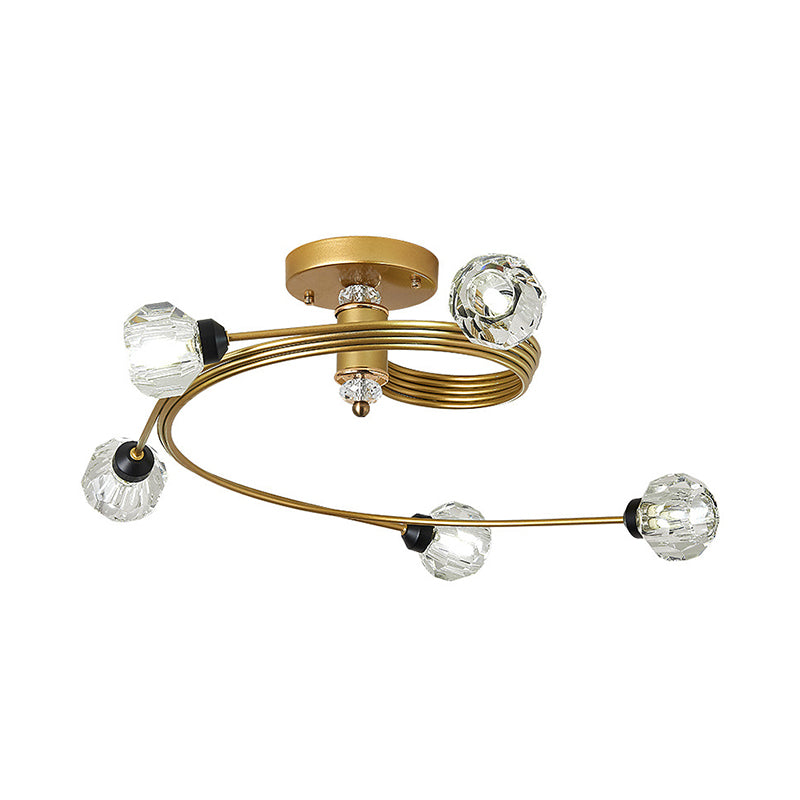 Spiral Semi Flush Traditional Clear/White Glass/Crystal 3/5 Lights Bedroom Ceiling Light Fixture in Brass Clearhalo 'Ceiling Lights' 'Close To Ceiling Lights' 'Close to ceiling' 'Semi-flushmount' Lighting' 254021