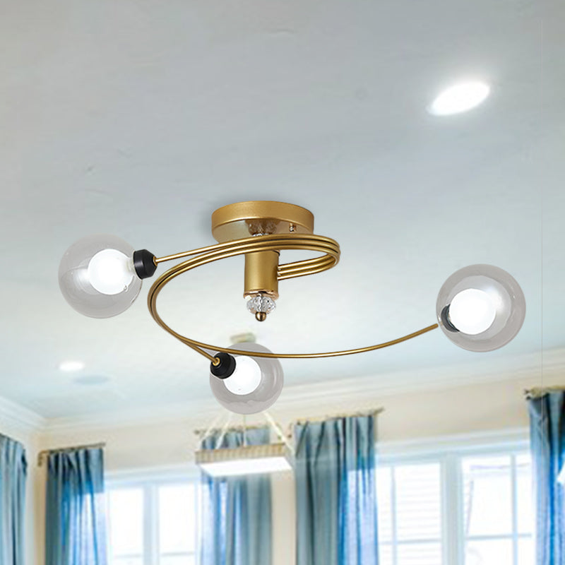 Spiral Semi Flush Traditional Clear/White Glass/Crystal 3/5 Lights Bedroom Ceiling Light Fixture in Brass Clearhalo 'Ceiling Lights' 'Close To Ceiling Lights' 'Close to ceiling' 'Semi-flushmount' Lighting' 254023