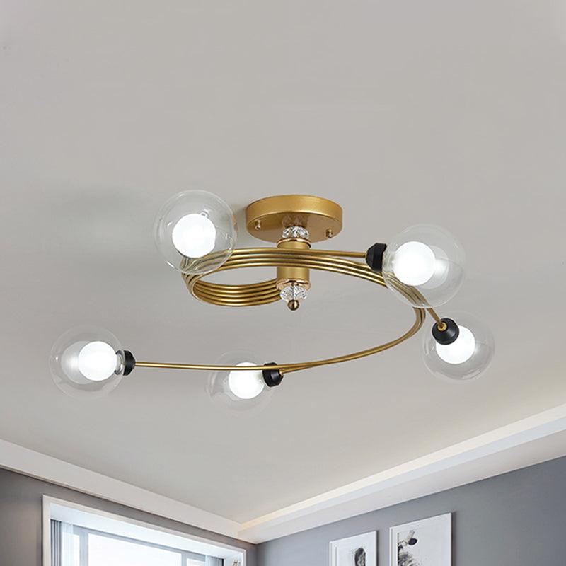 Spiral Semi Flush Traditional Clear/White Glass/Crystal 3/5 Lights Bedroom Ceiling Light Fixture in Brass Clearhalo 'Ceiling Lights' 'Close To Ceiling Lights' 'Close to ceiling' 'Semi-flushmount' Lighting' 254026