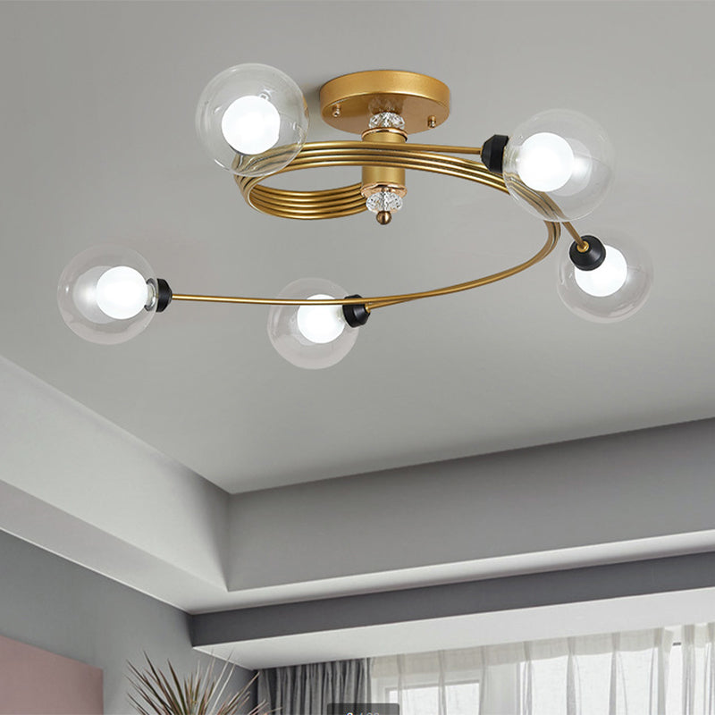 Spiral Semi Flush Traditional Clear/White Glass/Crystal 3/5 Lights Bedroom Ceiling Light Fixture in Brass Clearhalo 'Ceiling Lights' 'Close To Ceiling Lights' 'Close to ceiling' 'Semi-flushmount' Lighting' 254027