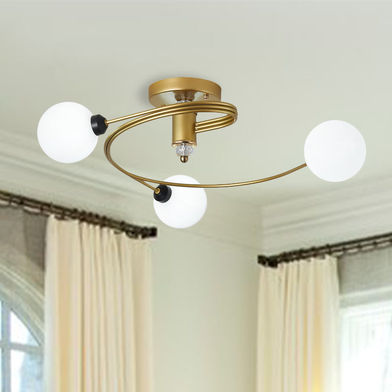 Spiral Semi Flush Traditional Clear/White Glass/Crystal 3/5 Lights Bedroom Ceiling Light Fixture in Brass Clearhalo 'Ceiling Lights' 'Close To Ceiling Lights' 'Close to ceiling' 'Semi-flushmount' Lighting' 254030