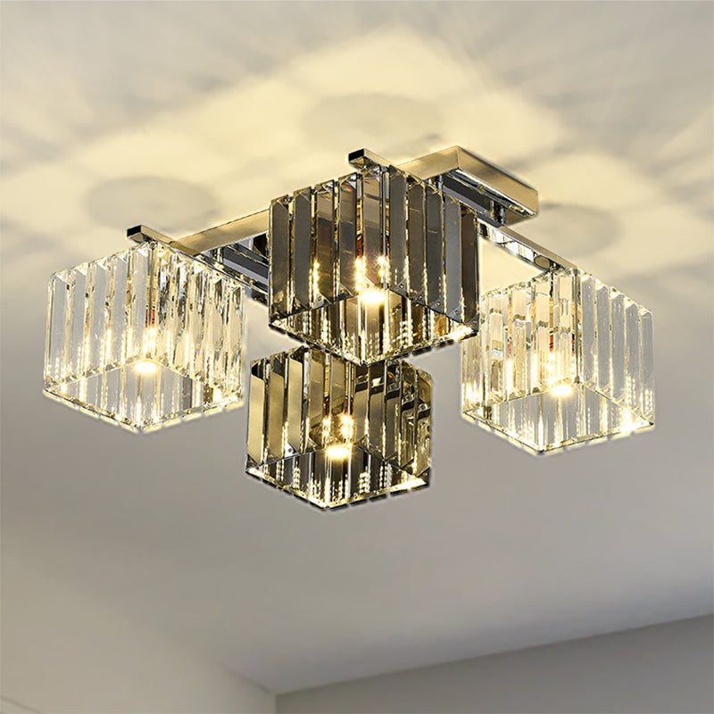 Crystal Cube Flush Ceiling Lamp Modern 4/6/9 Lights Modern Indoor Flush Light in Polished Chrome Clearhalo 'Ceiling Lights' 'Close To Ceiling Lights' 'Close to ceiling' 'Semi-flushmount' Lighting' 254038