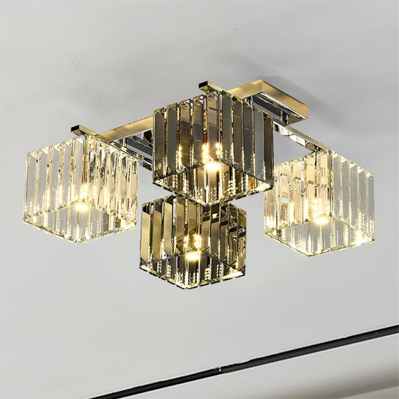 Crystal Cube Flush Ceiling Lamp Modern 4/6/9 Lights Modern Indoor Flush Light in Polished Chrome 4 Chrome Clearhalo 'Ceiling Lights' 'Close To Ceiling Lights' 'Close to ceiling' 'Semi-flushmount' Lighting' 254039