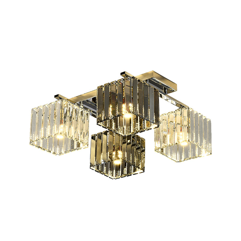 Crystal Cube Flush Ceiling Lamp Modern 4/6/9 Lights Modern Indoor Flush Light in Polished Chrome Clearhalo 'Ceiling Lights' 'Close To Ceiling Lights' 'Close to ceiling' 'Semi-flushmount' Lighting' 254040