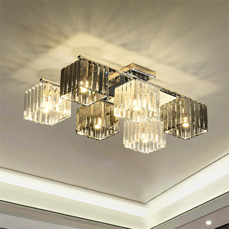 Crystal Cube Flush Ceiling Lamp Modern 4/6/9 Lights Modern Indoor Flush Light in Polished Chrome 6 Chrome Clearhalo 'Ceiling Lights' 'Close To Ceiling Lights' 'Close to ceiling' 'Semi-flushmount' Lighting' 254042