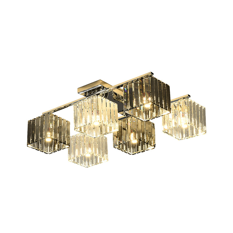 Crystal Cube Flush Ceiling Lamp Modern 4/6/9 Lights Modern Indoor Flush Light in Polished Chrome Clearhalo 'Ceiling Lights' 'Close To Ceiling Lights' 'Close to ceiling' 'Semi-flushmount' Lighting' 254043