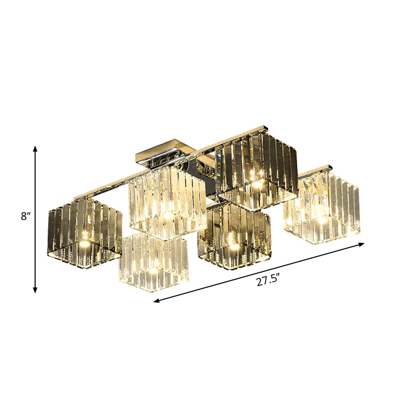 Crystal Cube Flush Ceiling Lamp Modern 4/6/9 Lights Modern Indoor Flush Light in Polished Chrome Clearhalo 'Ceiling Lights' 'Close To Ceiling Lights' 'Close to ceiling' 'Semi-flushmount' Lighting' 254044