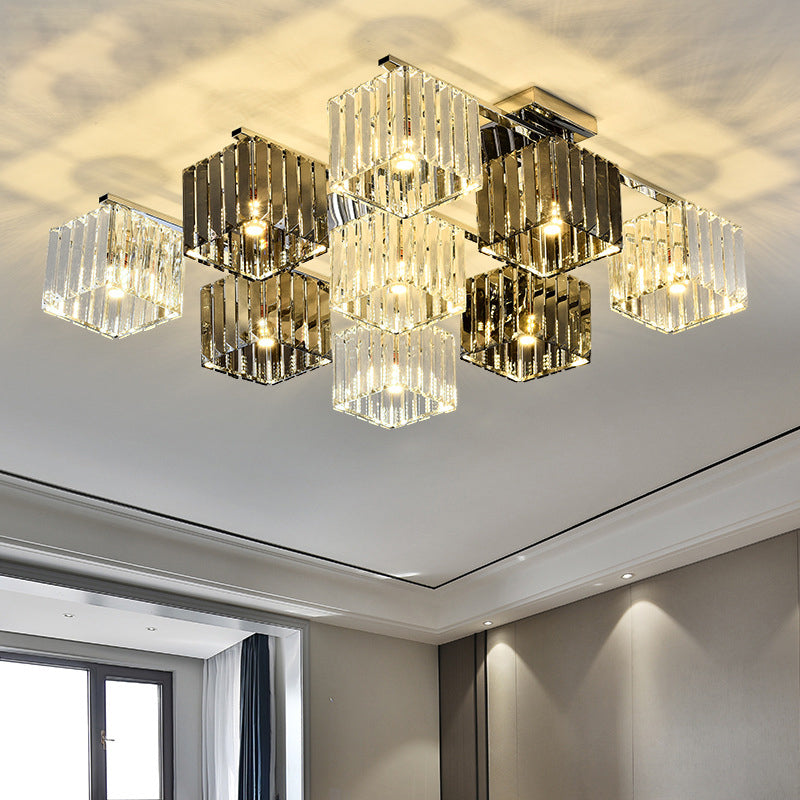 Crystal Cube Flush Ceiling Lamp Modern 4/6/9 Lights Modern Indoor Flush Light in Polished Chrome 9 Chrome Clearhalo 'Ceiling Lights' 'Close To Ceiling Lights' 'Close to ceiling' 'Semi-flushmount' Lighting' 254045