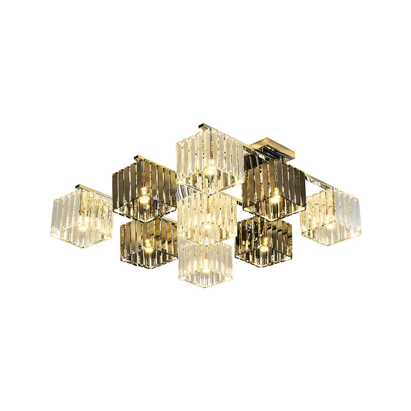 Crystal Cube Flush Ceiling Lamp Modern 4/6/9 Lights Modern Indoor Flush Light in Polished Chrome Clearhalo 'Ceiling Lights' 'Close To Ceiling Lights' 'Close to ceiling' 'Semi-flushmount' Lighting' 254046