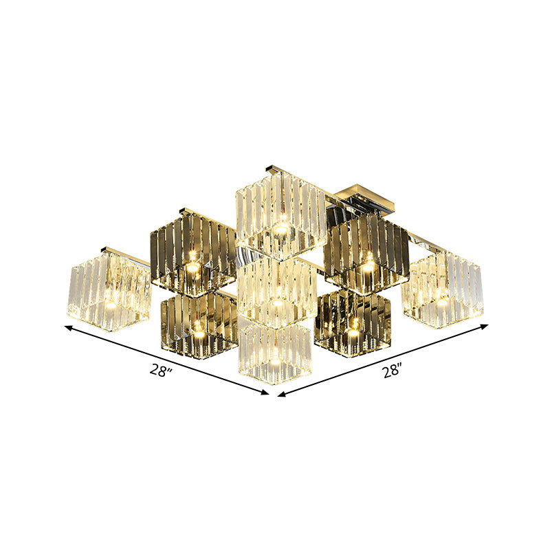 Crystal Cube Flush Ceiling Lamp Modern 4/6/9 Lights Modern Indoor Flush Light in Polished Chrome Clearhalo 'Ceiling Lights' 'Close To Ceiling Lights' 'Close to ceiling' 'Semi-flushmount' Lighting' 254047