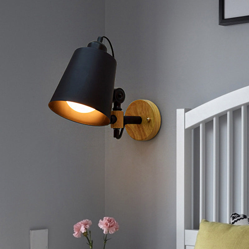 Bucket Shade Metal Wall Lamp Modernism 1 Light Corridor Wall Mount Light with Wooden Backplate in Black/White Clearhalo 'Cast Iron' 'Glass' 'Industrial' 'Modern wall lights' 'Modern' 'Tiffany' 'Traditional wall lights' 'Wall Lamps & Sconces' 'Wall Lights' Lighting' 254099