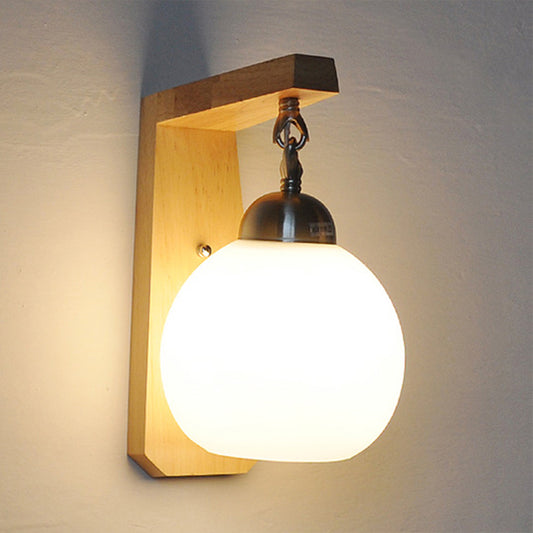 Opal Glass Globe Shade Wall Sconce Industrial 1 Light Bedroom Lighting Fixture with Wooden Backplate White Clearhalo 'Modern wall lights' 'Modern' 'Wall Lamps & Sconces' 'Wall Lights' Lighting' 254100