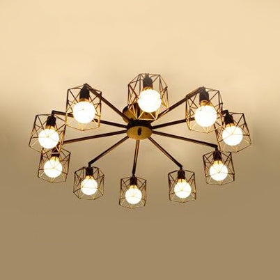 6/8/10 Heads Semi-Flush Mount with Hexagon Cage Shade Metal Vintage Style Living Room Close to Ceiling Light in Black 10 Black Clearhalo 'Ceiling Lights' 'Close To Ceiling Lights' 'Close to ceiling' 'Semi-flushmount' Lighting' 2541219