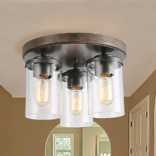 Cylinder Clear Glass Flush Ceiling Light Industrial 3 Bulbs Living Room Lamping in Bronze Bronze Clearhalo 'Ceiling Lights' 'Close To Ceiling Lights' 'Close to ceiling' 'Glass shade' 'Glass' 'Pendant Lights' Lighting' 254129