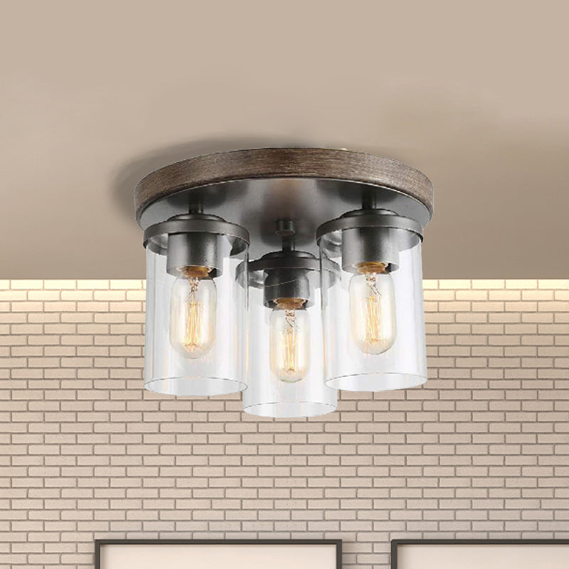 Cylinder Clear Glass Flush Ceiling Light Industrial 3 Bulbs Living Room Lamping in Bronze Clearhalo 'Ceiling Lights' 'Close To Ceiling Lights' 'Close to ceiling' 'Glass shade' 'Glass' 'Pendant Lights' Lighting' 254130