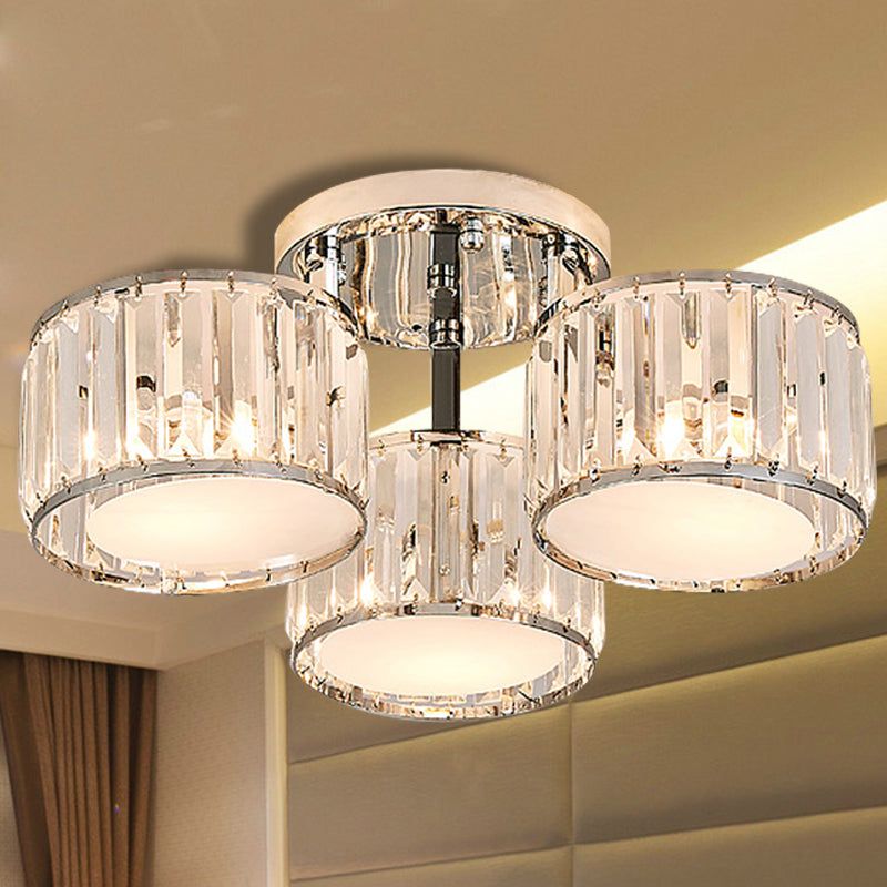 Crystal Drum Flush Mount Modernist 3/5/7 Heads Living Room Ceiling Lamp in Chrome Finish 3 Chrome Clearhalo 'Ceiling Lights' 'Close To Ceiling Lights' 'Close to ceiling' 'Flush mount' Lighting' 254133