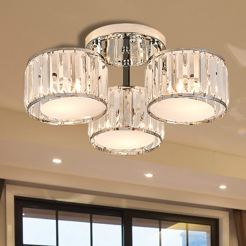 Crystal Drum Flush Mount Modernist 3/5/7 Heads Living Room Ceiling Lamp in Chrome Finish Clearhalo 'Ceiling Lights' 'Close To Ceiling Lights' 'Close to ceiling' 'Flush mount' Lighting' 254134