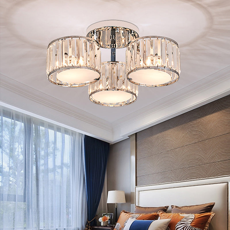 Crystal Drum Flush Mount Modernist 3/5/7 Heads Living Room Ceiling Lamp in Chrome Finish Clearhalo 'Ceiling Lights' 'Close To Ceiling Lights' 'Close to ceiling' 'Flush mount' Lighting' 254135