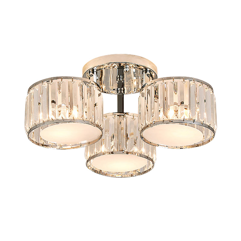 Crystal Drum Flush Mount Modernist 3/5/7 Heads Living Room Ceiling Lamp in Chrome Finish Clearhalo 'Ceiling Lights' 'Close To Ceiling Lights' 'Close to ceiling' 'Flush mount' Lighting' 254136