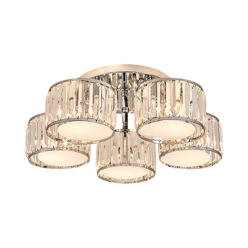 Crystal Drum Flush Mount Modernist 3/5/7 Heads Living Room Ceiling Lamp in Chrome Finish Clearhalo 'Ceiling Lights' 'Close To Ceiling Lights' 'Close to ceiling' 'Flush mount' Lighting' 254140