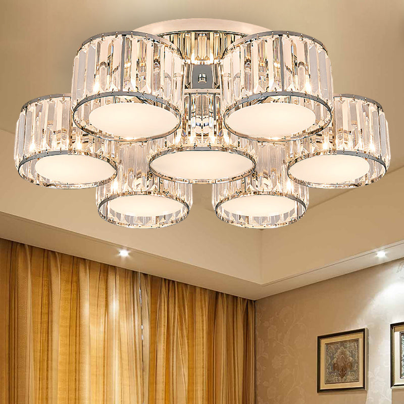 Crystal Drum Flush Mount Modernist 3/5/7 Heads Living Room Ceiling Lamp in Chrome Finish 7 Chrome Clearhalo 'Ceiling Lights' 'Close To Ceiling Lights' 'Close to ceiling' 'Flush mount' Lighting' 254141