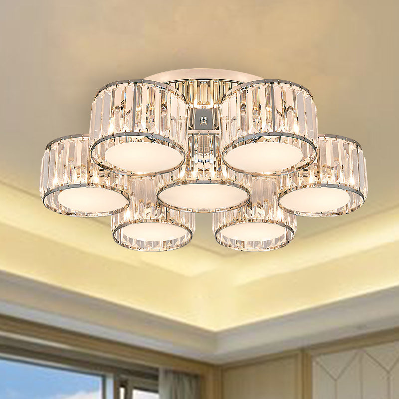 Crystal Drum Flush Mount Modernist 3/5/7 Heads Living Room Ceiling Lamp in Chrome Finish Clearhalo 'Ceiling Lights' 'Close To Ceiling Lights' 'Close to ceiling' 'Flush mount' Lighting' 254142