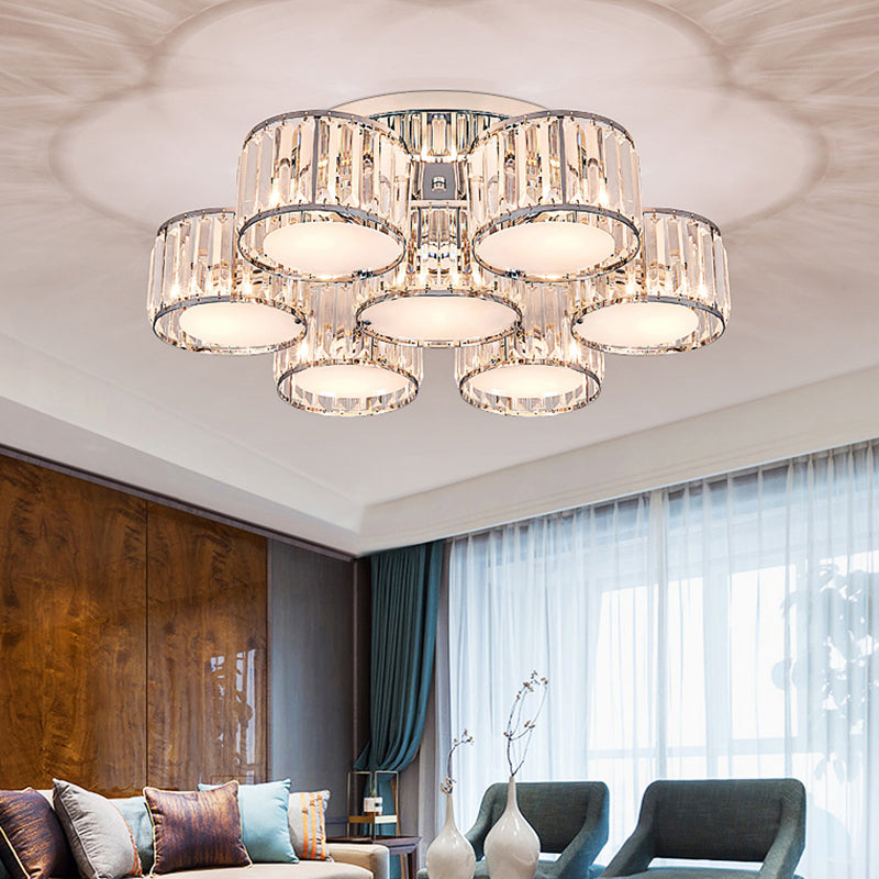 Crystal Drum Flush Mount Modernist 3/5/7 Heads Living Room Ceiling Lamp in Chrome Finish Clearhalo 'Ceiling Lights' 'Close To Ceiling Lights' 'Close to ceiling' 'Flush mount' Lighting' 254143