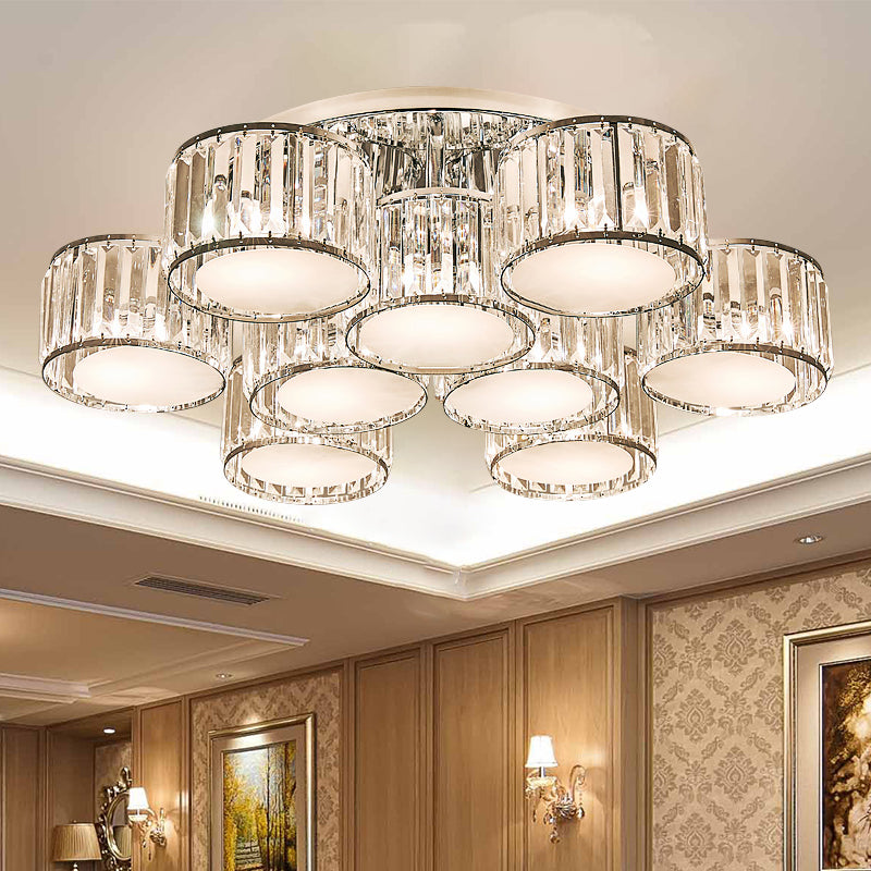 Crystal Drum Flush Mount Modernist 3/5/7 Heads Living Room Ceiling Lamp in Chrome Finish 9 Chrome Clearhalo 'Ceiling Lights' 'Close To Ceiling Lights' 'Close to ceiling' 'Flush mount' Lighting' 254145