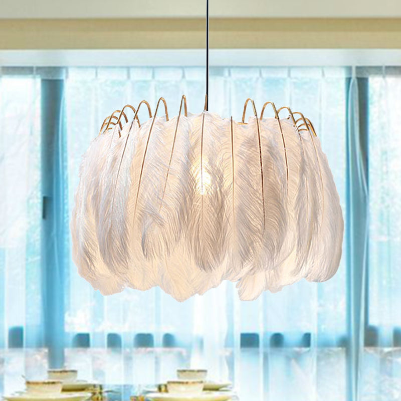 Romantic Drum Pendant Light 1 Light Feather & Metal Suspension Light in White for Adult Bedroom White Clearhalo 'Ceiling Lights' 'Modern Pendants' 'Modern' 'Pendant Lights' 'Pendants' Lighting' 254188