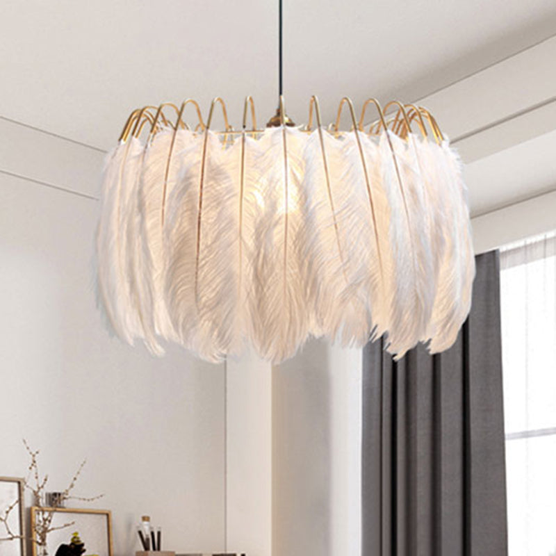 Romantic Drum Pendant Light 1 Light Feather & Metal Suspension Light in White for Adult Bedroom Clearhalo 'Ceiling Lights' 'Modern Pendants' 'Modern' 'Pendant Lights' 'Pendants' Lighting' 254189