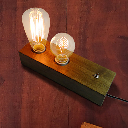 2 Lights Wooden Table Light Lodge Style Brown Rectangular Base Indoor Standing Table Light with Bare Bulb Brown Clearhalo 'Lamps' 'Table Lamps' Lighting' 254190