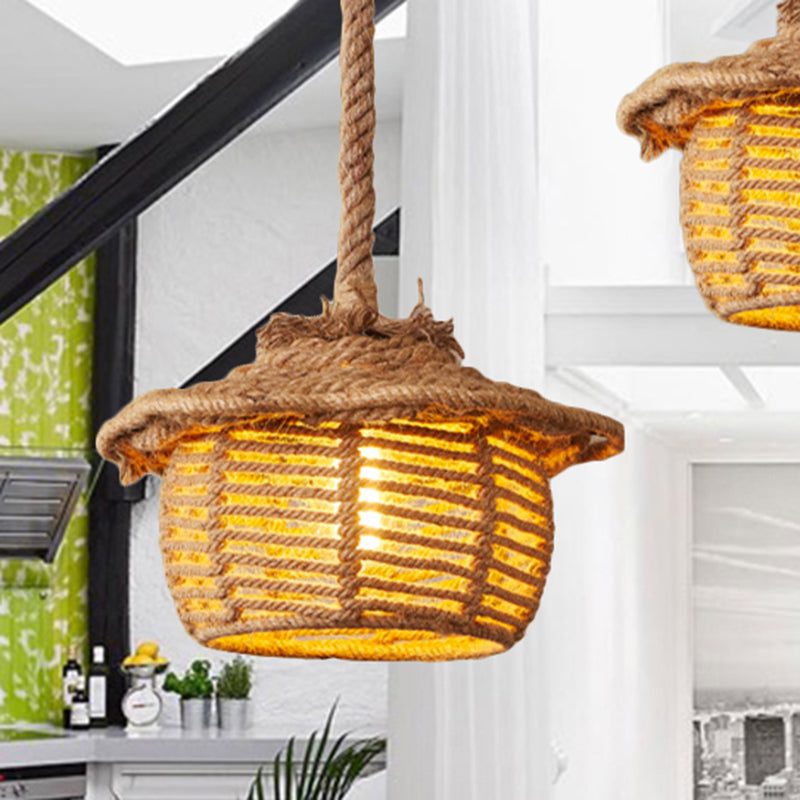 Hemp Rope House Suspended Light Lodge Stylish 1 Light Coffee Shop Ceiling Light Fixture in Beige Clearhalo 'Ceiling Lights' 'Industrial Pendants' 'Industrial' 'Middle Century Pendants' 'Pendant Lights' 'Pendants' 'Tiffany' Lighting' 254205