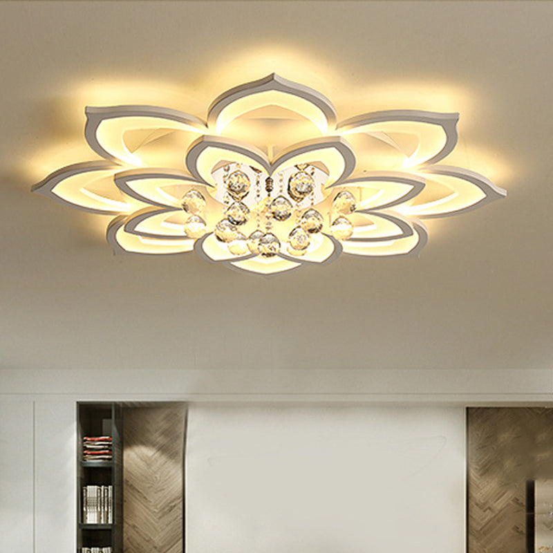 27"/31.5" W White Floral Flush Ceiling Light Contemporary LED Acrylic Flushmount Lighting with Crystal Drop in Warm/White Light Clearhalo 'Ceiling Lights' 'Close To Ceiling Lights' 'Close to ceiling' 'Flush mount' Lighting' 254209