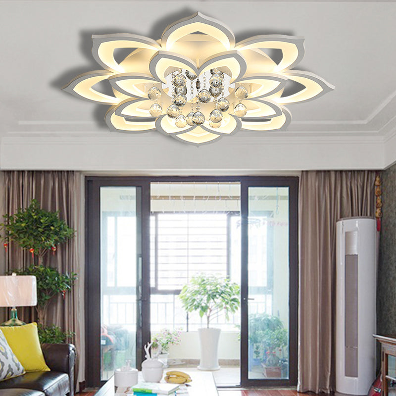 27"/31.5" W White Floral Flush Ceiling Light Contemporary LED Acrylic Flushmount Lighting with Crystal Drop in Warm/White Light White 27" Clearhalo 'Ceiling Lights' 'Close To Ceiling Lights' 'Close to ceiling' 'Flush mount' Lighting' 254210