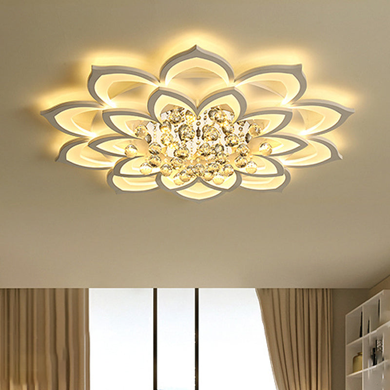 27"/31.5" W White Floral Flush Ceiling Light Contemporary LED Acrylic Flushmount Lighting with Crystal Drop in Warm/White Light White 31.5" Clearhalo 'Ceiling Lights' 'Close To Ceiling Lights' 'Close to ceiling' 'Flush mount' Lighting' 254213